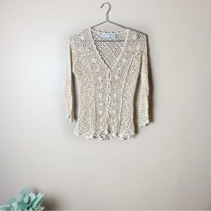 Vintage Women's Cream Ivory Open Knit Button Up Cottagecore Sweater